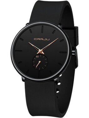 Crrju Mens Black Rose Stylish Waterproof Quartz Unisex Ultra Silicone Band Watch
